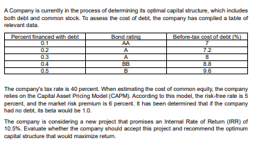 A Company is currently in the process of determining its optimal capital structure, which includes
both debt and common stock. To assess the cost of debt, the company has compiled a table of
relevant data.
Percent financed with debt
0.1
0.2
0.3
0.4
0.5
Bond rating
AA
A
A
BB
B
Before-tax cost of debt (%)
7
7.2
8
8.8
9.6
The company's tax rate is 40 percent. When estimating the cost of common equity, the company
relies on the Capital Asset Pricing Model (CAPM). According to this model, the risk-free rate is 5
percent, and the market risk premium is 6 percent. It has been determined that if the company
had no debt, its beta would be 1.0.
The company is considering a new project that promises an Internal Rate of Return (IRR) of
10.5%. Evaluate whether the company should accept this project and recommend the optimum
capital structure that would maximize return.