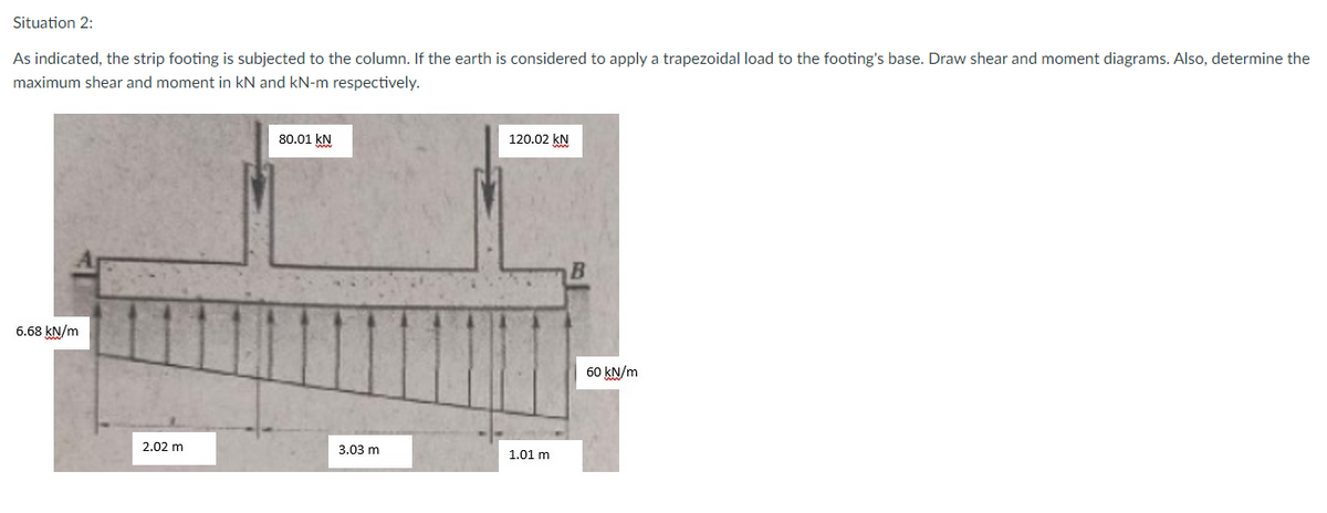 Situation 2:
As indicated, the strip footing is subjected to the column. If the earth is considered to apply a trapezoidal load to the footing's base. Draw shear and moment diagrams. Also, determine the
maximum shear and moment in kN and kN-m respectively.
80.01 KN
120.02 kN
6.68 kN/m
60 kN/m
2.02 m
3.03 m
1.01 m
