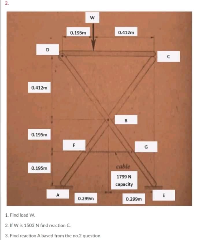 2.
w
0.195m
0.412m
D
0.412m
0.195m
F
0.195m
cable
1799 N
capacity
A
E
0.299m
0.299m
1. Find load W.
2. If W is 1503 N find reaction C.
3. Find reaction A based from the no.2 question.
B.
