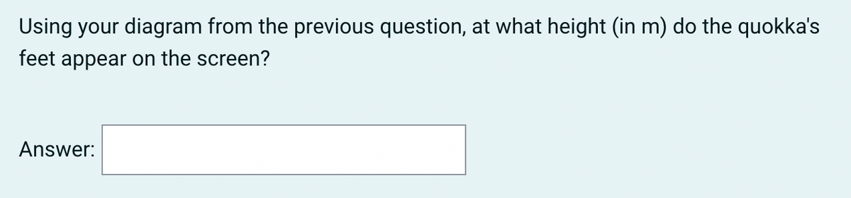 Using your diagram from the previous question, at what height (in m) do the quokka's
feet appear on the screen?
Answer:
