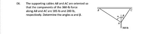 06.
The supporting cables AB and AC are oriented so
that the components of the 360-lb force
along AB and AC are 185 Ib and 200 lb,
respectively. Determine the angles a and B.
360 Ib
