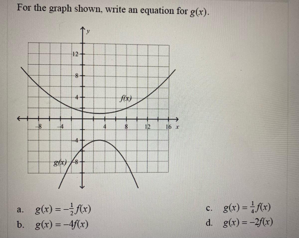 For the graph shown, write an equation for g(x).
12
fx)
-8
-4
12
16 х
g(x) /8-
a. g(x) = -Ax)
b. g(x) = -4(xr)
c. g(r) = f{x)
с.
d. g(x) = -2f(x)
