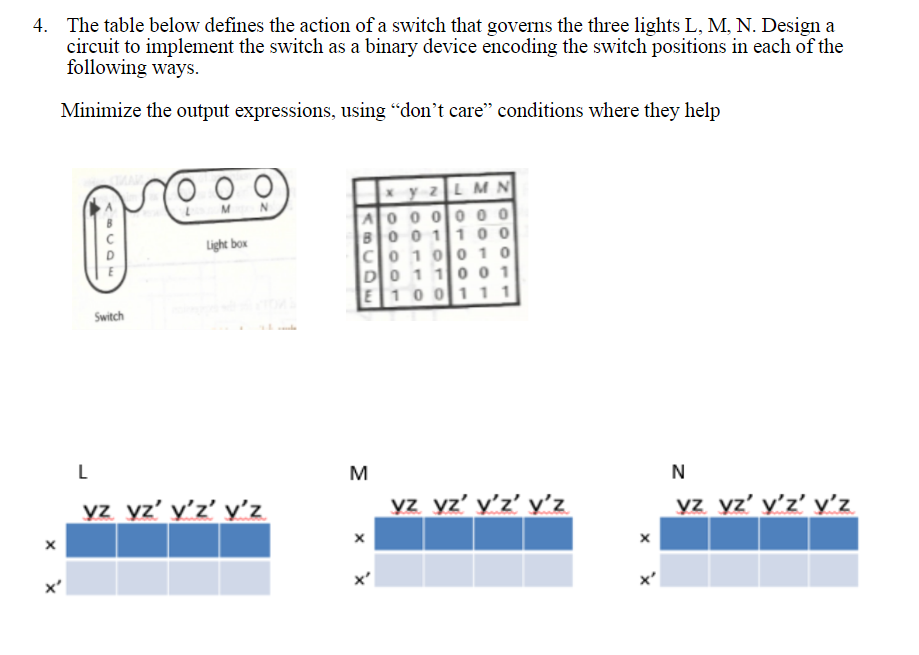 4. The table below defines the action of a switch that governs the three lights L, M, N. Design a
circuit to implement the switch as a binary device encoding the switch positions in each of the
following ways.
Minimize the output expressions, using "don't care" conditions where they help
2L M
00 0 0
0 0
Co10 0 10
1 0 0 1
E 100111
Light box
BO01
D
Switch
L
M
yz yz' y’z' y'z
yz yz' y’z’ y’z
yz yz' y’z' y'z
