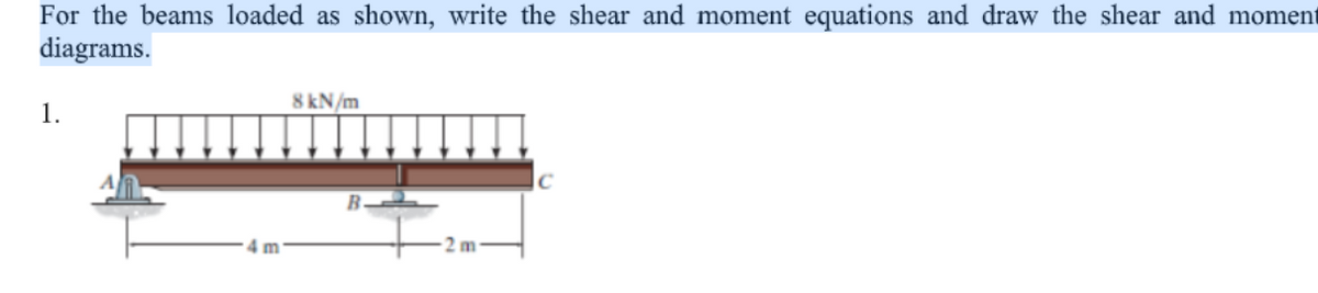 For the beams loaded as shown, write the shear and moment equations and draw the shear and moment
diagrams.
8 kN/m
1.
C
B-
4 m
