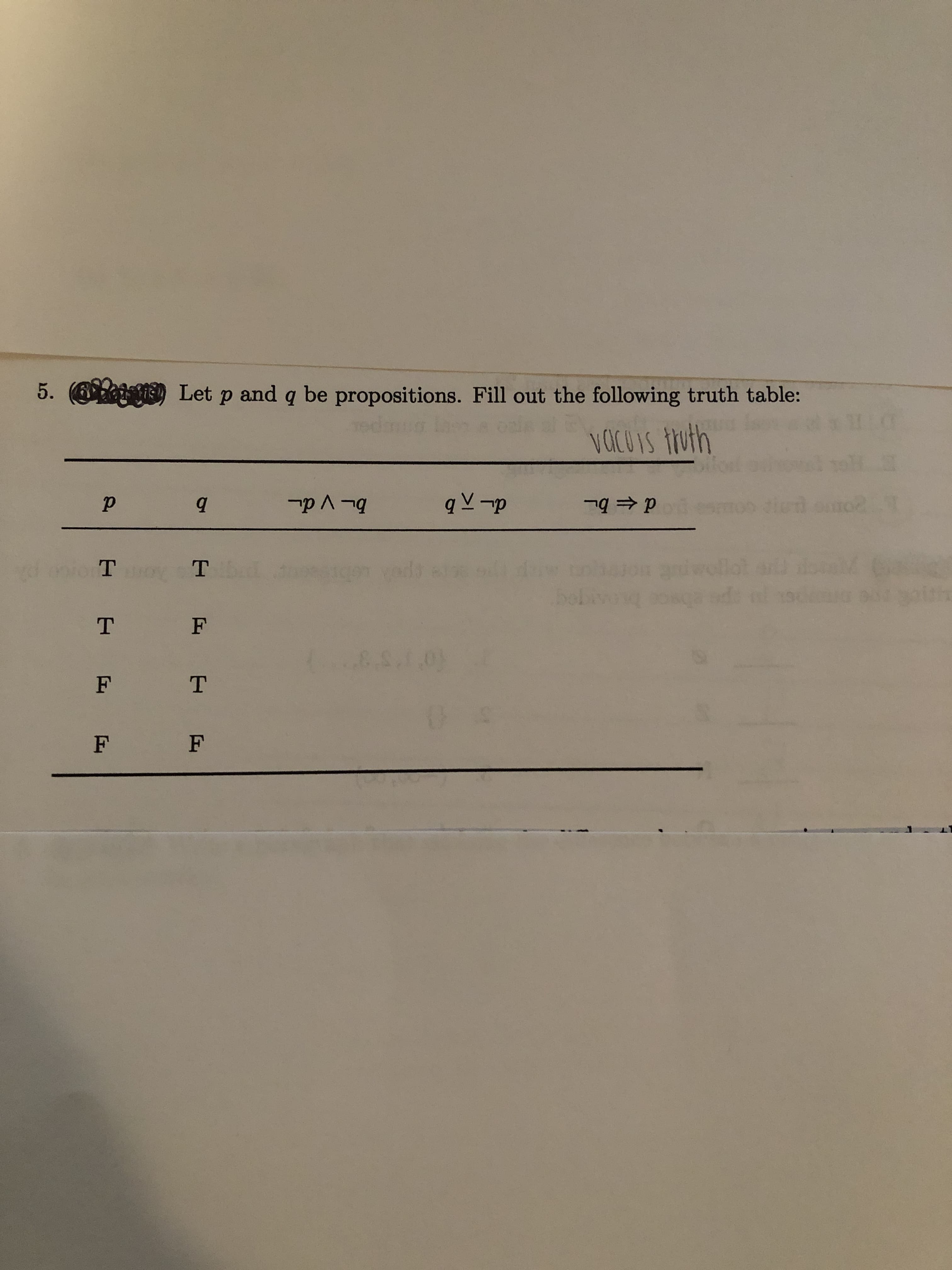 5. ) Let p and q be propositions. Fill out the following truth table:
VacUis truth
q V -p
d + bL
F
10)
F
F
F
