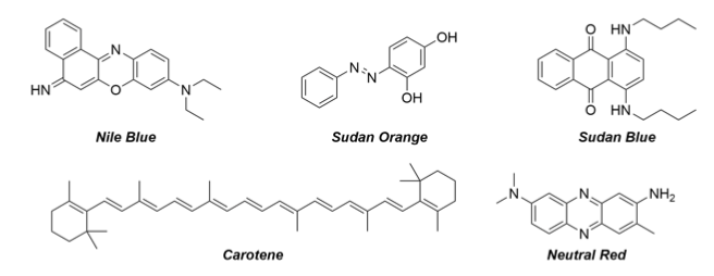 HN
Nile Blue
Juhaken
Carotene
OH
Sudan Orange
OH
O=
HN
Ο ΗΝ.
Sudan Blue
Neutral Red
NH₂
