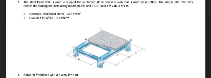 3. The steel framework is used to support the reinforced stone concrete slab that is used for an office. The slab is 200 mm thick.
Sketch the loading that acts along members BE and FED. Take a = 2 m, b = 5 m.
• Concrete, reinforced stone - 23.6 KN/m
• Live load for office – 2.4 kN/m?
4. Solve for Problem 3 with a-3 m, b=4 m.
