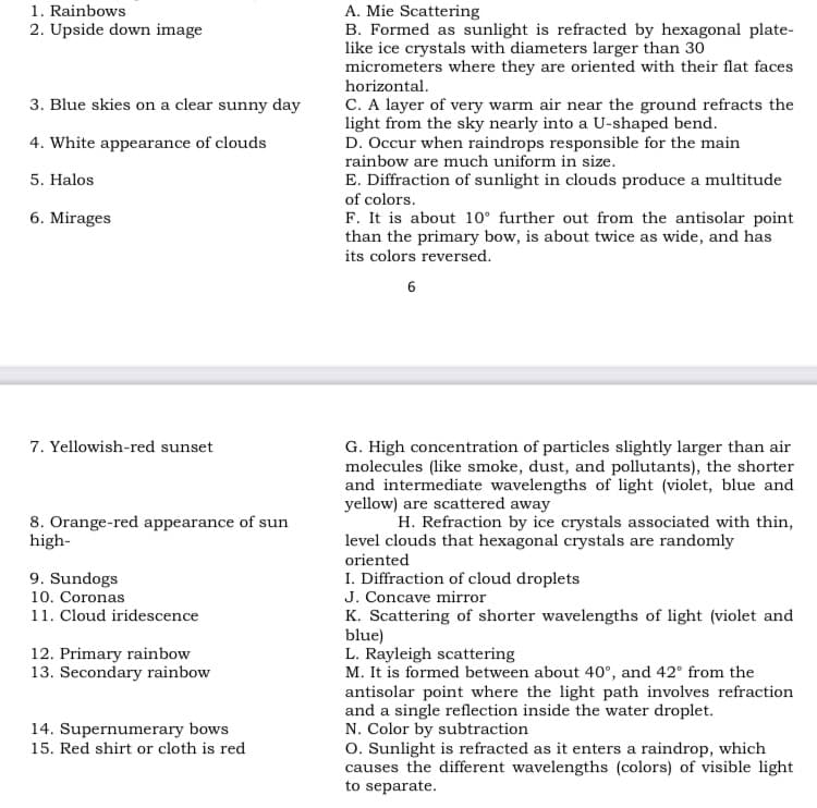 1. Rainbows
2. Upside down image
A. Mie Scattering
B. Formed as sunlight is refracted by hexagonal plate-
like ice crystals with diameters larger than 30
micrometers where they are oriented with their flat faces
horizontal.
C. A layer of very warm air near the ground refracts the
light from the sky nearly into a U-shaped bend.
D. Occur when raindrops responsible for the main
rainbow are much uniform in size.
E. Diffraction of sunlight in clouds produce a multitude
of colors.
F. It is about 10° further out from the antisolar point
than the primary bow, is about twice as wide, and has
its colors reversed.
3. Blue skies on a clear sunny day
4. White appearance of clouds
5. Halos
6. Mirages
7. Yellowish-red sunset
G. High concentration of particles slightly larger than air
molecules (like smoke, dust, and pollutants), the shorter
and intermediate wavelengths of light (violet, blue and
yellow) are scattered away
8. Orange-red appearance of sun
high-
H. Refraction by ice crystals associated with thin,
level clouds that hexagonal crystals are randomly
oriented
I. Diffraction of cloud droplets
J. Concave mirror
K. Scattering of shorter wavelengths of light (violet and
blue)
L. Rayleigh scattering
M. It is formed between about 40°, and 42° from the
antisolar point where the light path involves refraction
and a single reflection inside the water droplet.
N. Color by subtraction
O. Sunlight is refracted as it enters a raindrop, which
causes the different wavelengths (colors) of visible light
to separate.
9. Sundogs
10. Coronas
11. Cloud iridescence
12. Primary rainbow
13. Secondary rainbow
14. Supernumerary bows
15. Red shirt or cloth is red
