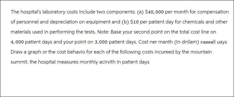 The hospital's laboratory costs include two components: (a) $40,000 per month for compensation
of personnel and depreciation on equipment and (b) $10 per patient day for chemicals and other
materials used in performing the tests. Note: Base your second point on the total cost line on
4,000 patient days and your point on 3,000 patient days. Cost ner manth (In dnllam) raнell uays
Draw a graph or the cost behavio for each of the following costs incureed by the mountain
summit. the hospital measures monthly acirvith in patient days