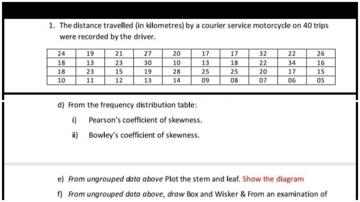 1. The distance travelled (in kilometres) by a courier service motorcycle on 40 trips
were recorded by the driver.
24
19
21
27
20
17
17
32
22
26
18
13
23
30
10
18
22
34
13
25
16
18
23
15
19
28
25
20
17
15
10
11
12
13
14
09
08
07
06
05
d) From the frequency distribution table:
i)
Pearson's coefficient of skewness.
i)
Bowley's coefficient of skewness.
e) From ungrouped data above Plot the stem and leaf. Show the diagram
f) From ungrouped data above, draw Box and Wisker & From an examination of
