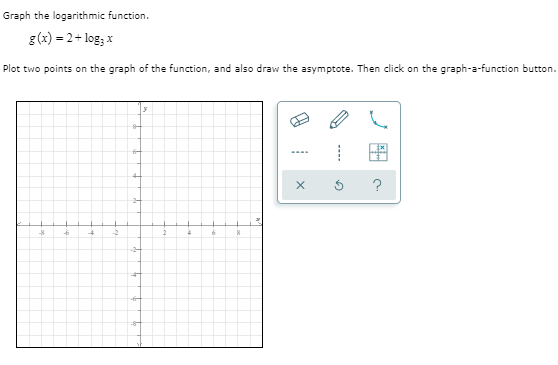 Graph the logarithmic function.
g(x) = 2+ log; x
Plot two points on the graph of the function, and also draw the asymptote. Then click on the graph-a-function button.
?
