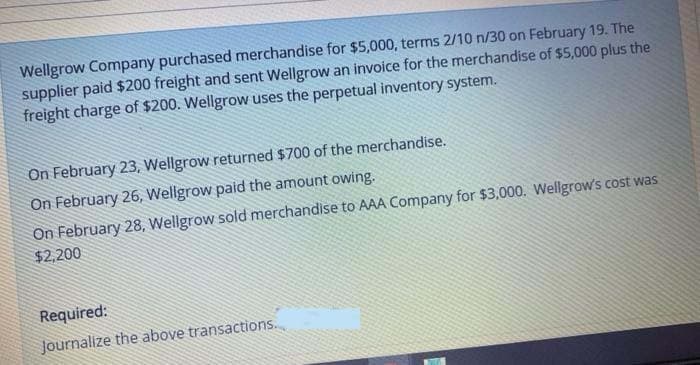 Wellgrow Company purchased merchandise for $5,000, terms 2/10 n/30 on February 19. The
supplier paid $200 freight and sent Wellgrow an invoice for the merchandise of $5,000 plus the
freight charge of $200. Wellgrow uses the perpetual inventory system.
On February 23, Wellgrow returned $700 of the merchandise.
On February 26, Wellgrow paid the amount owing.
On February 28, Wellgrow sold merchandise to AAA Company for $3,000. Wellgrow's cost was
$2,200
Required:
Journalize the above transactions.
