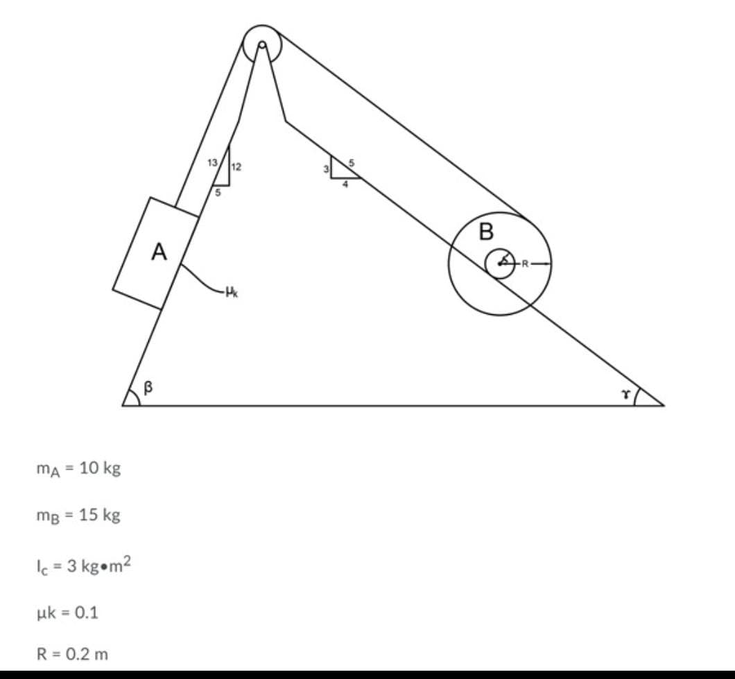 13/12
5.
A
mA = 10 kg
mB = 15 kg
%3D
Ic = 3 kg•m2
%3D
uk = 0.1
R = 0.2 m
