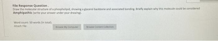 File Response Question.
Draw the molecular structure of a phospholipid, showing a glycerol backbone and associated bonding. Briefly explain why this molecule could be considered
Amphipathic (write your answer under your drawing).
Word count: 50 words (in total).
Attach File
Browse My Compuer
Browse Coment Collection
