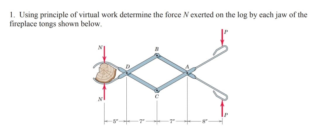 1. Using principle of virtual work determine the force N exerted on the log by each jaw of the
fireplace tongs shown below.
N
B
N
|P
7"
8"
