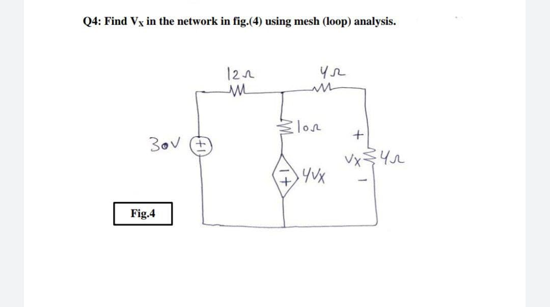 Q4: Find Vx in the network in fig.(4) using mesh (loop) analysis.
122
30v
Fig.4
