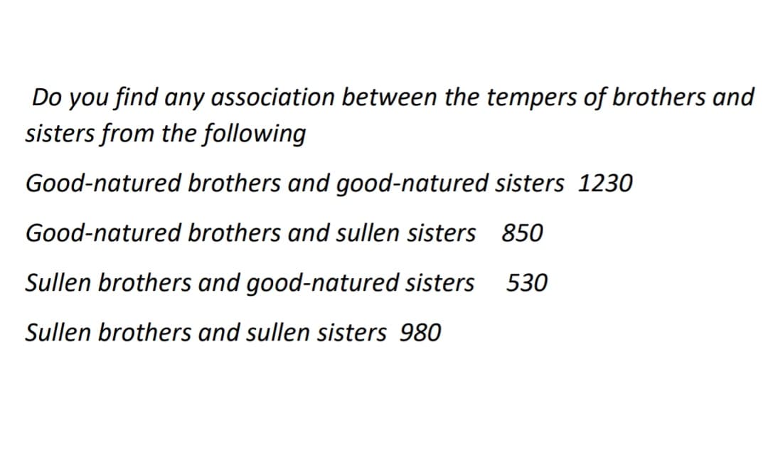 Do you find any association between the tempers of brothers and
sisters from the following
Good-natured brothers and good-natured sisters 1230
Good-natured brothers and sullen sisters 850
Sullen brothers and good-natured sisters
530
Sullen brothers and sullen sisters 980
