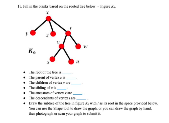 11. Fill in the blanks based on the rooted tree below - Figure K4.
y
K6
и
• The root of the tree is _
• The parent of vertex z is .
• The children of vertex v are
• The sibling of u is _
• The ancestors of vertex v are
• The descendants of vertex t are _
• Draw the subtree of the tree in figure K, with t as its root in the space provided below.
You can use the Shape tool to draw the graph, or you can draw the graph by hand,
then photograph or scan your graph to submit it.
