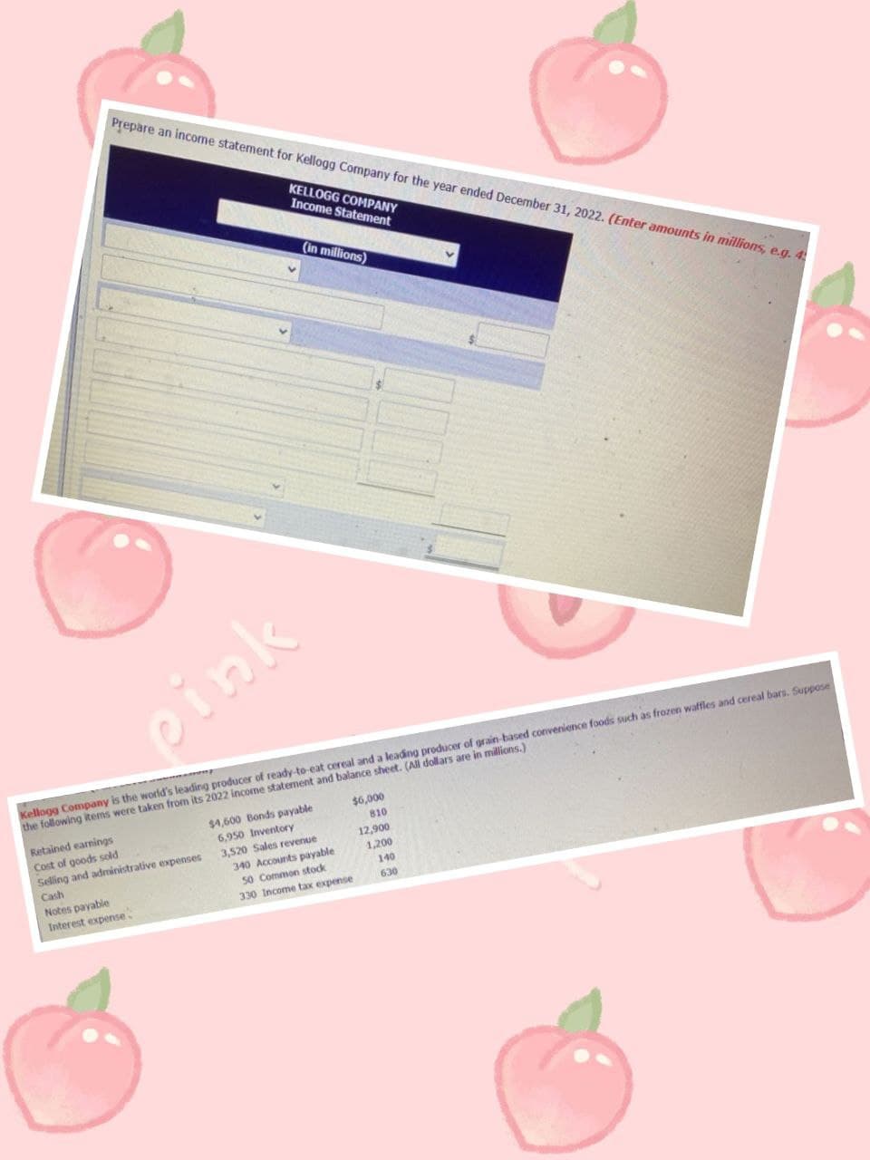 Prepare an income statement for Kellogg Company for the year ended December 31, 2022. (Enter amounts in millions, e.g. 4
KELLOGG COMPANY
Income Statement
pink
(in millions)
Retained earnings
Cost of goods sold
Selling and administrative expenses
Cash
Notes payable
Interest expense
Kellogg Company is the world's leading producer of ready-to-eat cereal and a leading producer of grain-based convenience foods such as frozen waffles and cereal bars. Suppose
the following items were taken from its 2022 income statement and balance sheet. (All dollars are in millions.)
$4,600 Bonds payable
6,950 Inventory
3,520 Sales revenue
$6,000
810
340 Accounts payable
50 Common stock
330 Income tax expense
12,900
1,200
140
630