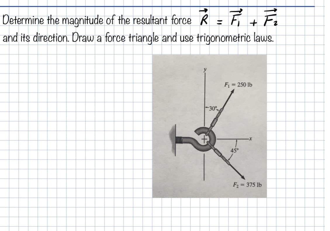 Determine the magnitude of the resultant force Ŕ = F + Fi
and its direction. Draw a force triangle and use trigonometric laws.
%3D
F = 250 lb
30
45°
F = 375 lb
