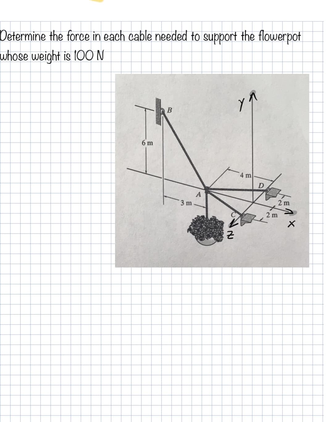 Determine the force in each cable needed to support the flowerpot
whose weight is 10ON
В
6 m
4 m
A
3 m
2 m
2 m
