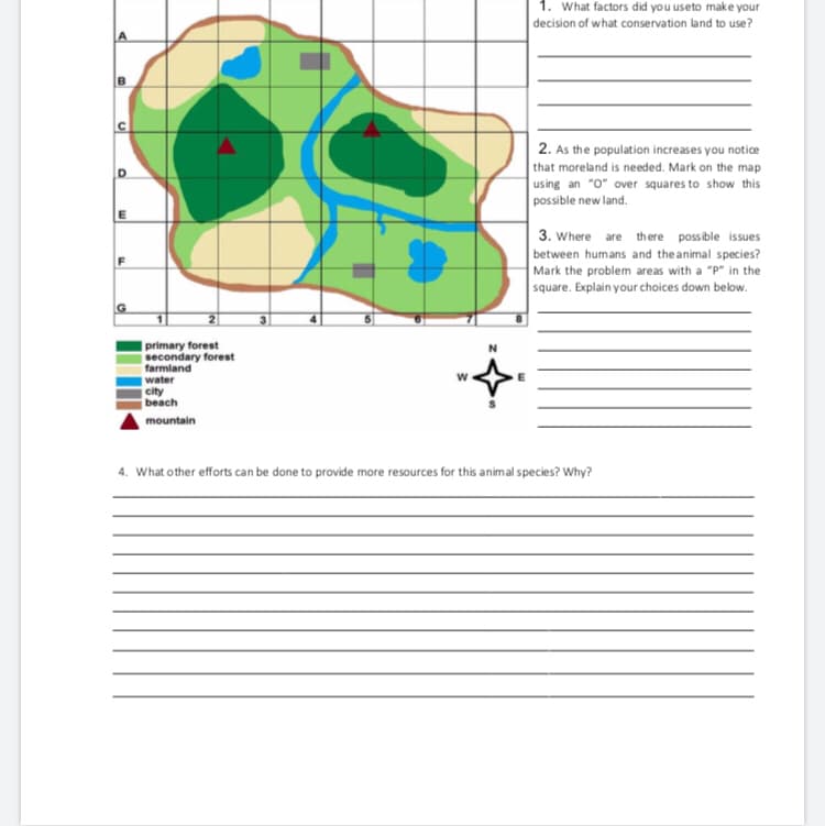 1. What factors did you useto make your
decision of what conservation land to use?
2. As the population increases you notice
that moreland is needed. Mark on the map
using an "O" over squares to show this
possible new land.
3. Where are there possible issues
between humans and the animal species?
Mark the problem areas with a "p" in the
square. Explain your choices down below.
primary forest
secondary forest
farmland
water
city
beach
mountain
4. What other efforts can be done to provide more resources for this animal species? Why?
