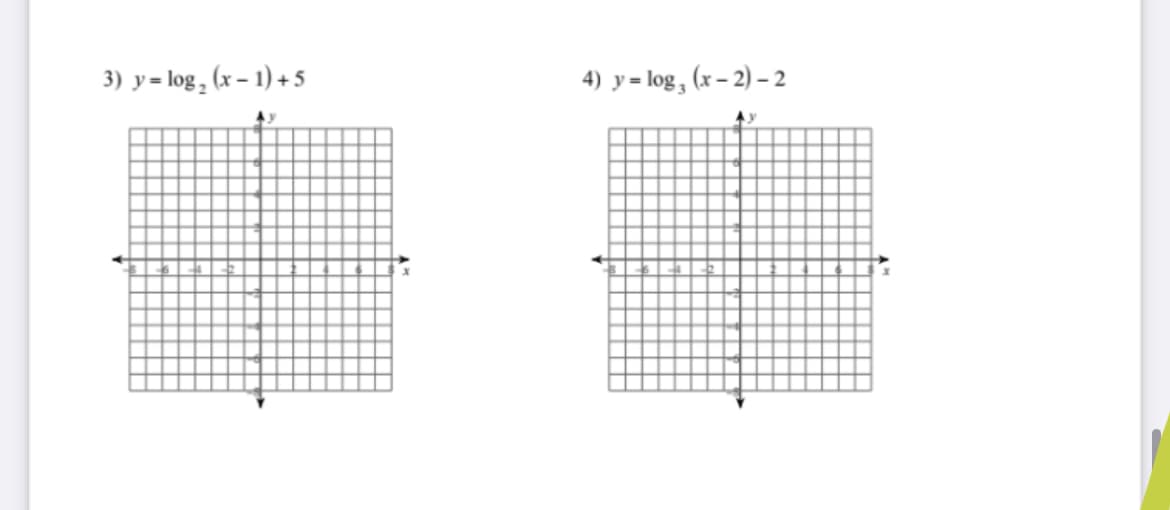 3) y= log ,
(x – 1) + 5
4) y = log, (x – 2) – 2
Ay
Ay
