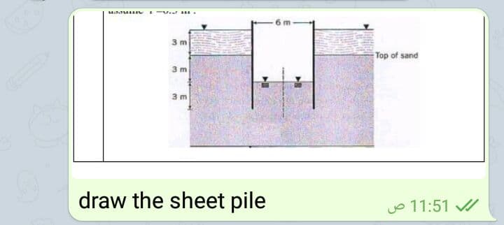 3 m
Top of sand
3 m
3 m
draw the sheet pile
Jo 11:51
