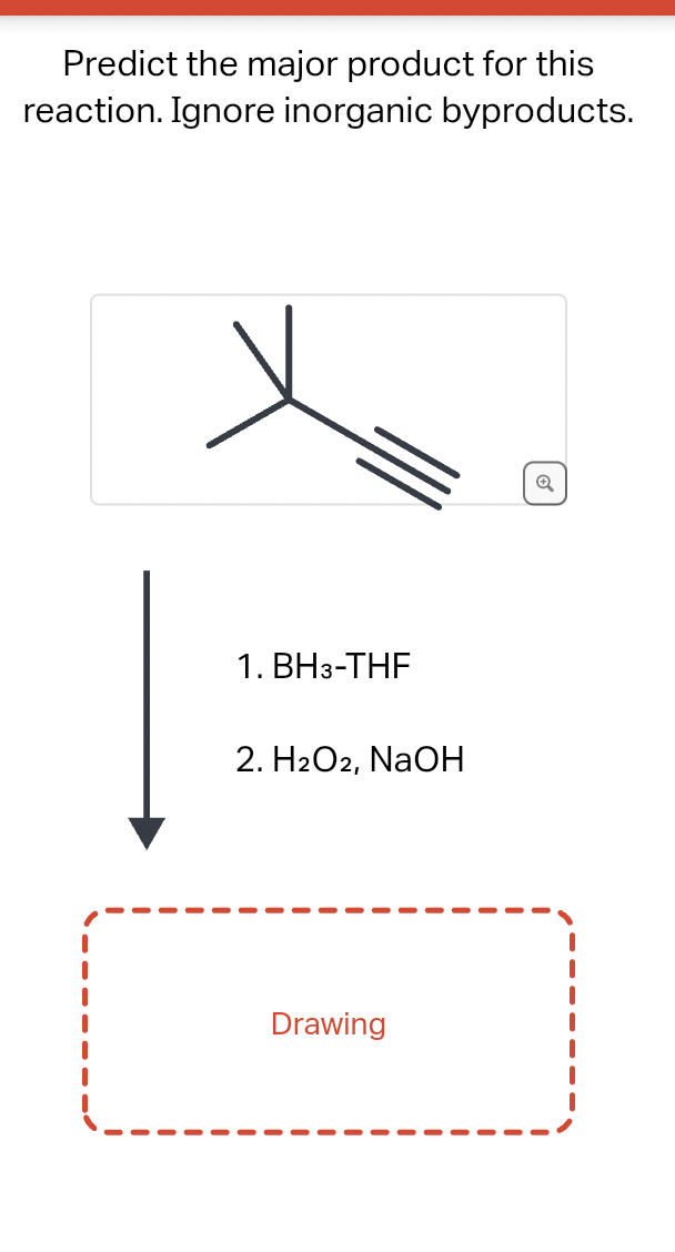 Predict the major product for this
reaction. Ignore inorganic byproducts.
1. BH3-THF
2. H2O2, NaOH
Drawing