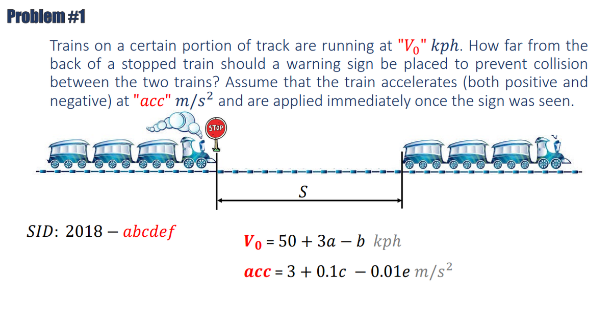 Problem #1
Trains on a certain portion of track are running at "V" kph. How far from the
back of a stopped train should a warning sign be placed to prevent collision
between the two trains? Assume that the train accelerates (both positive and
negative) at "acc" m/s² and are applied immediately once the sign was seen.
SID: 2018- abcdef
(STOP)
S
Vo = 50+ 3a - b kph
acc = 3 + 0.1c - 0.01e m/s²