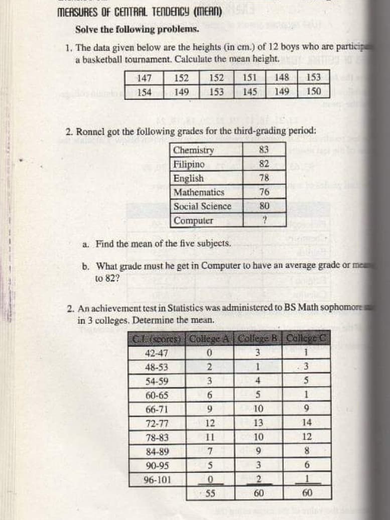 MERSURES OF CENTRAL TENDENCY (MEAN)
Solve the following problems.
1. The data given below are the heights (in cm.) of 12 boys who are particip
a basketball tournament. Calculate the mean height.
147
152
152
151
148
153
154
149
153
145
149
150
2. Ronnel got the following grades for the third-grading period:
83
Chemistry
Filipino
English
Mathematics
82
78
76
Social Science
80
Computer
a. Find the mean of the five subjects.
b. What grade must he get in Computer to huve an average grade or me
to 82?
2. An achievement test in Statistics was administered to BS Math sophomore
in 3 colleges. Determine the mean.
CL(scores College A College B College C
42-47
3
48-53
54-59
4.
5
60-65
6.
66-71
9.
10
72-77
12
13
14
78-83
11
10
12
84-89
9.
8
90-95
3
96-101
0.
1
55
60
60
