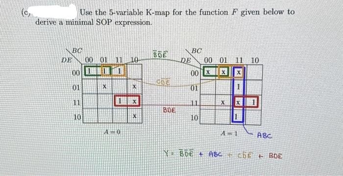 (C₂
Use the 5-variable K-map for the function F given below to
derive a minimal SOP expression.
DE
BC
00 01
00 1
01
11
10
X
A=0
X
X
BOE
che
BOE
BC
DE 00 01 11 10
00 XXX
01
11
10
X
A 1
ABC
YBDE + ABC + CD + BOE