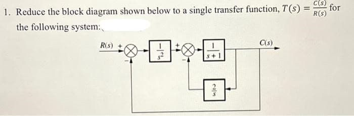 C(s)
=
for
1. Reduce the block diagram shown below to a single transfer function, T(s) = R(S)
the following system:
R(s)
-12
2/5
C(s)