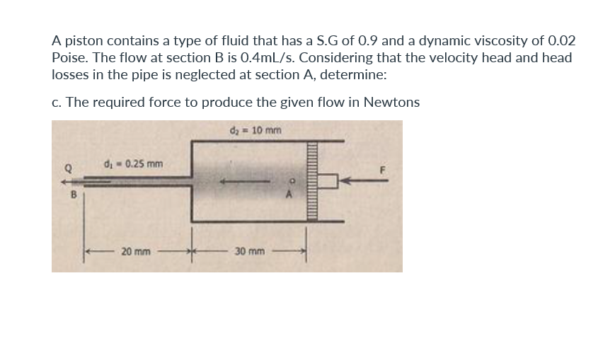 A piston contains a type of fluid that has a S.G of 0.9 and a dynamic viscosity of 0.02
Poise. The flow at section B is 0.4mL/s. Considering that the velocity head and head
losses in the pipe is neglected at section A, determine:
c. The required force to produce the given flow in Newtons
da 10 mm
di- 0.25 mm
B
20 mm
30 mm
