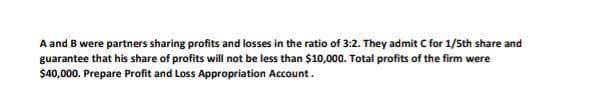 A and B were partners sharing profits and losses in the ratio of 3:2. They admit C for 1/5th share and
guarantee that his share of profits will not be less than $10,000. Total profits of the firm were
$40,000. Prepare Profit and Loss Appropriation Account.
