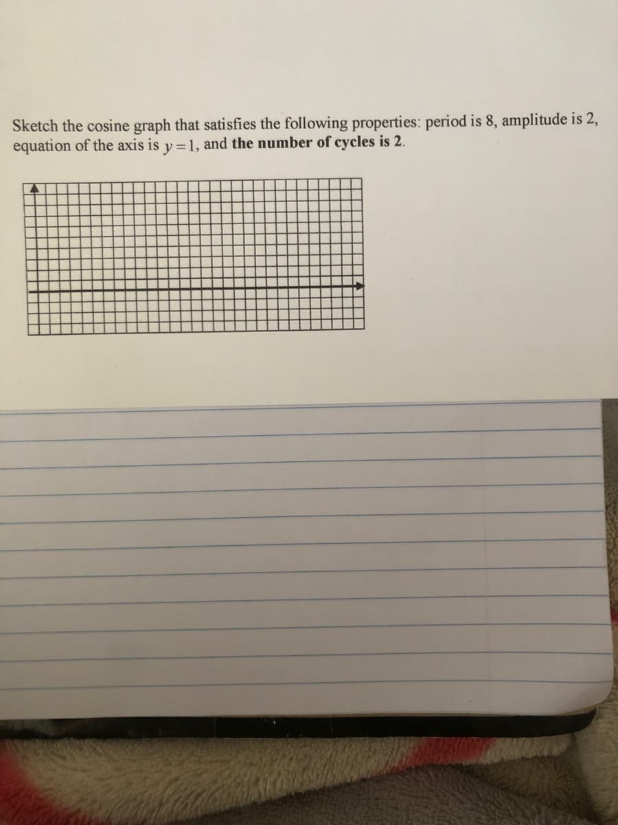 Sketch the cosine graph that satisfies the following properties: period is 8, amplitude is 2,
equation of the axis is y = 1, and the number of cycles is 2.
