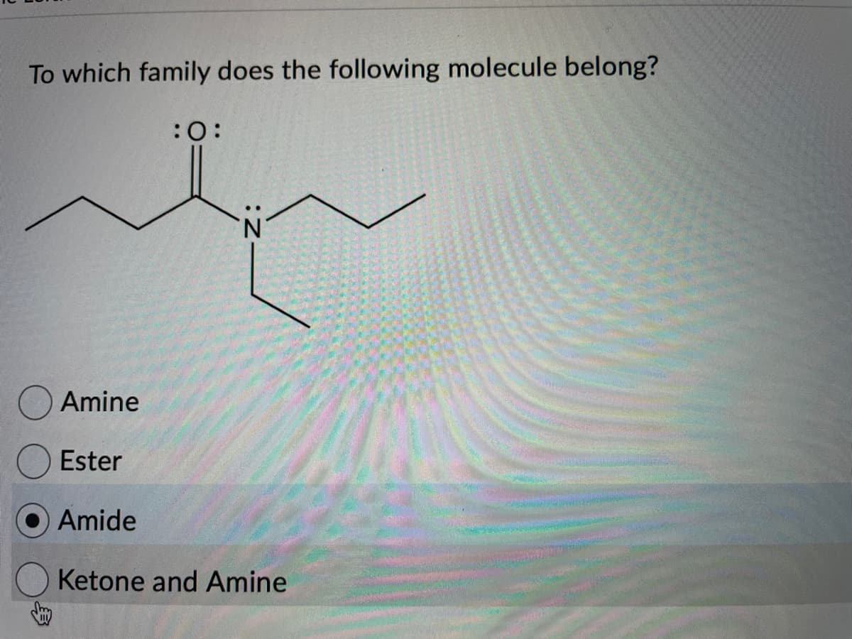 To which family does the following molecule belong?
:0:
t
Amine
Ester
Amide
Ketone and Amine