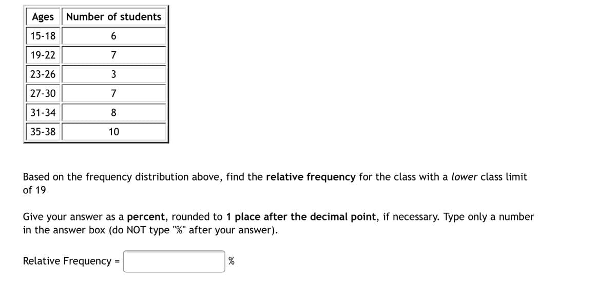 Ages Number of students
15-18
6
19-22
7
23-26
3
27-30
7
31-34
8
35-38
10
Based on the frequency distribution above, find the relative frequency for the class with a lower class limit
of 19
Give your answer as a percent, rounded to 1 place after the decimal point, if necessary. Type only a number
in the answer box (do NOT type "%" after your answer).
Relative Frequency
=