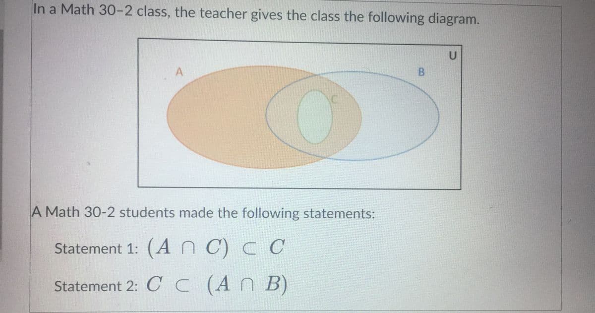 In a Math 30-2 class, the teacher gives the class the following diagram.
B.
C.
A Math 30-2 students made the following statements:
Statement 1: (ANC) C C
Statement 2:CC
(AN B)
