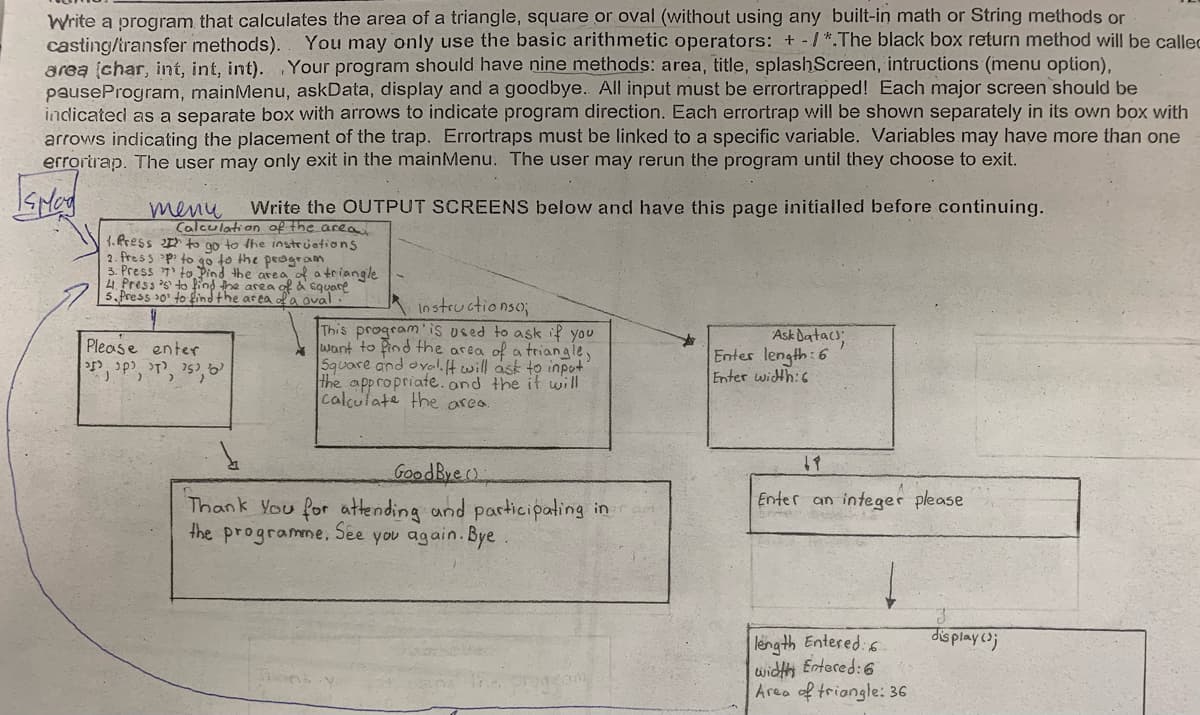 Write a program that calculates the area of a triangle, square or oval (without using any built-in math or String methods or
casting/transfer methods). You may only use the basic arithmetic operators: + -/*.The black box return method will be called
area (char, int, int, int). Your program should have nine methods: area, title, splashScreen, intructions (menu option),
pause Program, mainMenu, askData, display and a goodbye. All input must be errortrapped! Each major screen should be
indicated as a separate box with arrows to indicate program direction. Each errortrap will be shown separately in its own box with
arrows indicating the placement of the trap. Errortraps must be linked to a specific variable. Variables may have more than one
errortrap. The user may only exit in the mainMenu. The user may rerun the program until they choose to exit.
menu Write the OUTPUT SCREENS below and have this page initialled before continuing.
Calculation of the area.
to go to the instructions
1. Press
2. Press
3. Press
4. Press is to find the area of a square
5. Press o to find the area of a oval
to go to the program
to Pind the area of a triangle
Please enter
², ², 5, 6
instructionso;
This program is used to ask if you
want to find the area of a triangle,
Square and oval. It will ask to input
the appropriate. and the it will
calculate the area.
↓
Good Bye
Thank You for attending and participating in
you again. Bye.
the programme.
See
Ask Data();
Enter length: 6
Enter width: 6
19
Enter an integer please
length Entered: 6
width Entered: 6
Area of triangle: 36
J
display();