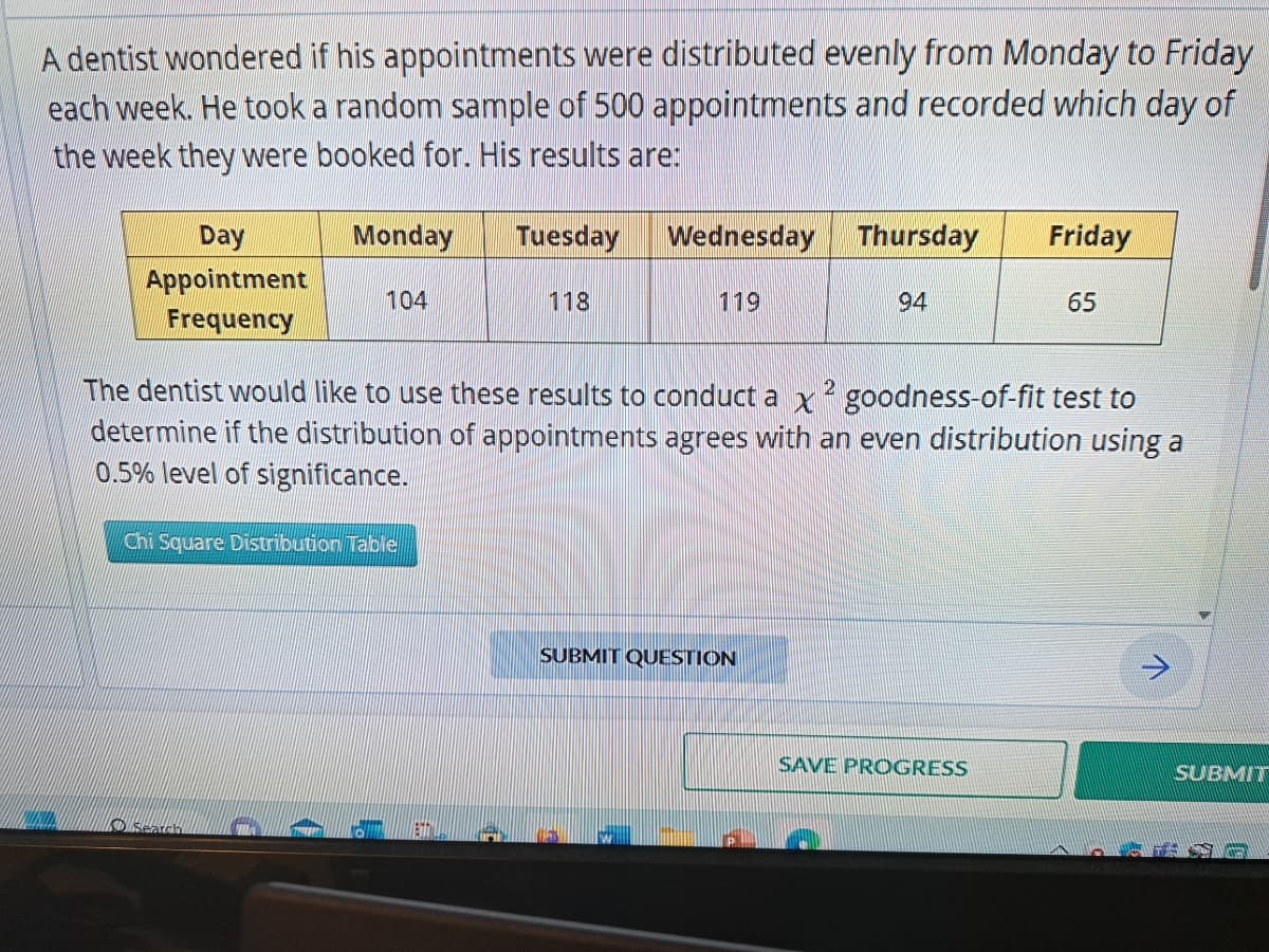 A dentist wondered if his appointments were distributed evenly from Monday to Friday
each week. He took a random sample of 500 appointments and recorded which day of
the week they were booked for. His results are:
Day
Appointment
Frequency
Monday
Search
104
Chi Square Distribution Table
MA
Tuesday
118
Wednesday
119
Thursday
2
The dentist would like to use these results to conduct a x² goodness-of-fit test to
determine if the distribution of appointments agrees with an even distribution using a
0.5% level of significance.
SUBMIT QUESTION
94
Friday
SAVE PROGRESS
65
SUBMIT