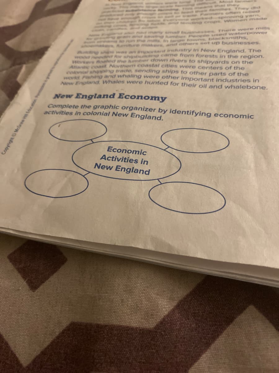 Pat they
mes They dhd
rmers often re ed
spinning yarn,
ops Women made
nny sm busnesses There were mills
veg unmse Peceste used waterpo wer
wto run the ms rge towns. blacksmiths,
Mumiture maers arel others set up businesses.
aportant inchustry Iri New England. The
wood need d for shipbuilding came from forests in the region.
Herkers ohod the kumber down rivers to shipyards on the
Attantic coast Northerm coastal cities were centers of the
coonal shioping trade, sending ships to other parts of the
we Fshing and whaling were other important industries in
w and. Whales were hunted for their oil and whalebone.
se sch ape
New England Economy
Complete the graphic organizer by identifying economic
activities in colonial New England.
Economic
Activities in
New England
CopyrightMcfaree W tc
