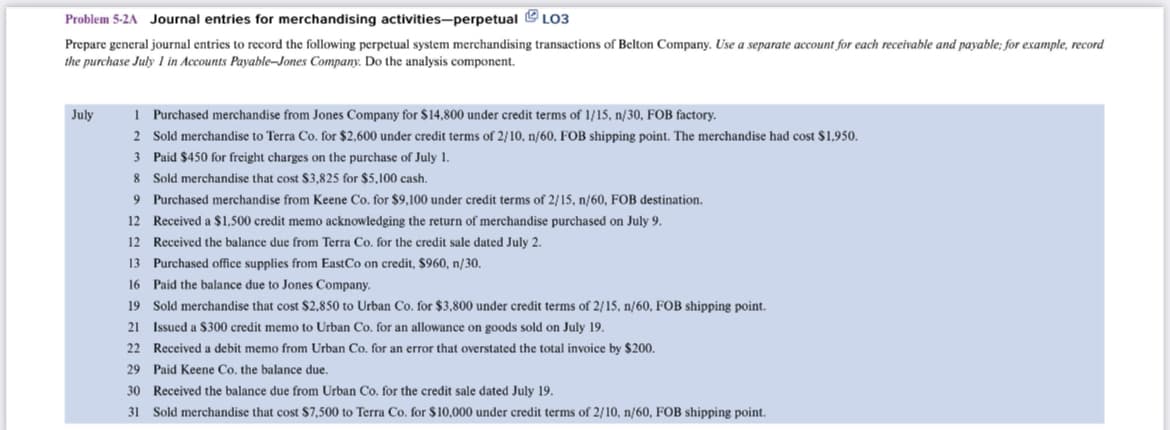 Problem 5-2A Journal entries for merchandising activities-perpetual
LO3
Prepare general journal entries to record the following perpetual system merchandising transactions of Belton Company. Use a separate account for each receivable and payable; for example, record
the purchase July 1 in Accounts Payable-Jones Company. Do the analysis component.
July
1 Purchased merchandise from Jones Company for $14,800 under credit terms of 1/15, n/30, FOB factory.
2
Sold merchandise to Terra Co. for $2,600 under credit terms of 2/10, n/60, FOB shipping point. The merchandise had cost $1,950.
3
Paid $450 for freight charges on the purchase of July 1.
8 Sold merchandise that cost $3,825 for $5,100 cash.
9 Purchased merchandise from Keene Co. for $9,100 under credit terms of 2/15, n/60, FOB destination.
12 Received a $1,500 credit memo acknowledging the return of merchandise purchased on July 9.
12 Received the balance due from Terra Co. for the credit sale dated July 2.
13 Purchased office supplies from EastCo on credit, $960, n/30.
16 Paid the balance due to Jones Company.
19
Sold merchandise that cost $2,850 to Urban Co. for $3,800 under credit terms of 2/15, n/60, FOB shipping point.
21 Issued a $300 credit memo to Urban Co. for an allowance on goods sold on July 19.
22 Received a debit memo from Urban Co. for an error that overstated the total invoice by $200.
29 Paid Keene Co. the balance due.
30 Received the balance due from Urban Co. for the credit sale dated July 19.
31 Sold merchandise that cost $7,500 to Terra Co. for $10,000 under credit terms of 2/10, n/60, FOB shipping point.