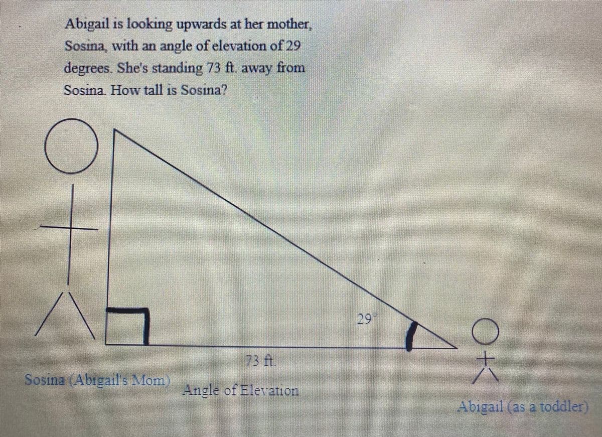 Abigail is looking upwards at her mother,
Sosina, with an angle of elevation of 29
degrees. She's standing 73 ft. away from
Sosina. How tall is Sosina?
29
73 ft.
Sosma (Abigails Mom)
Angle of Elevation
Abigail (as a toddler)
