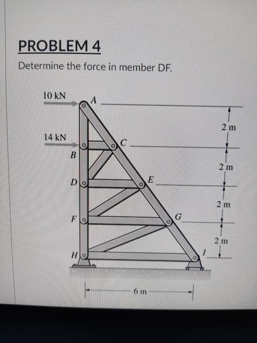 PROBLEM 4
Determine the force in member DF.
10 kN
A
14 kN
E
B
D
H
6 m
G
2 m
2 m
2 m
2 m