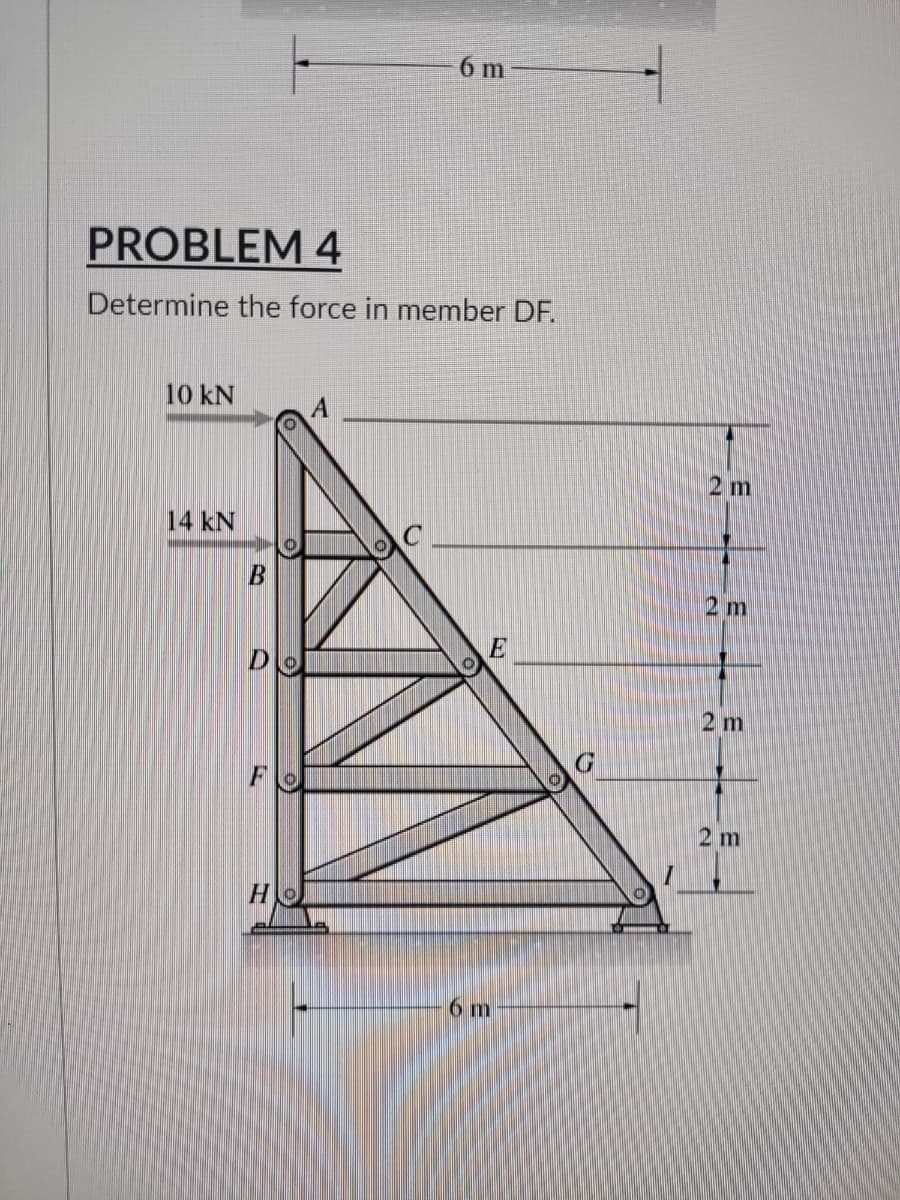 6 m
PROBLEM 4
Determine the force in member DF.
10 kN
14 kN
E
B
D
H
6 m
G
2 m
2 m
2 m
2 m