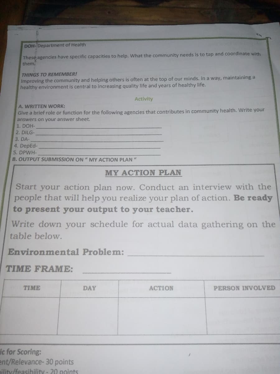 DOH-'Department of Health
These agencies have specific capacities to help. What the community needs is to tap and coordinate with
them.
THINGS TO REMEMBER!
Improving the community and helping others is often at the top of our minds. In a way, maintaining a
healthy environment is central to increasing quality life and years of healthy life.
Activity
A. WRITTEN WORK:
Give a brief role or function for the following agencies that contributes in community health. Write your
answers on your answer sheet.
1. DOH-
2. DILG-
3. DA-
4. DepEd-
5. DPWH-
B. OUTPUT SUBMISSION ON " MY ACTION PLAN "
MY ACTION PLAN
Start your action plan now. Conduct an interview with the
people that will help you realize your plan of action. Be ready
to present your output to your teacher.
Write down your schedule for actual data gathering on the
table below.
Environmental Problem:
TIME FRAME:
TIME
DAY
АСTION
PERSON INVOLVED
ic for Scoring:
ent/Relevance-30 points
ility/feasibility - 20 points
