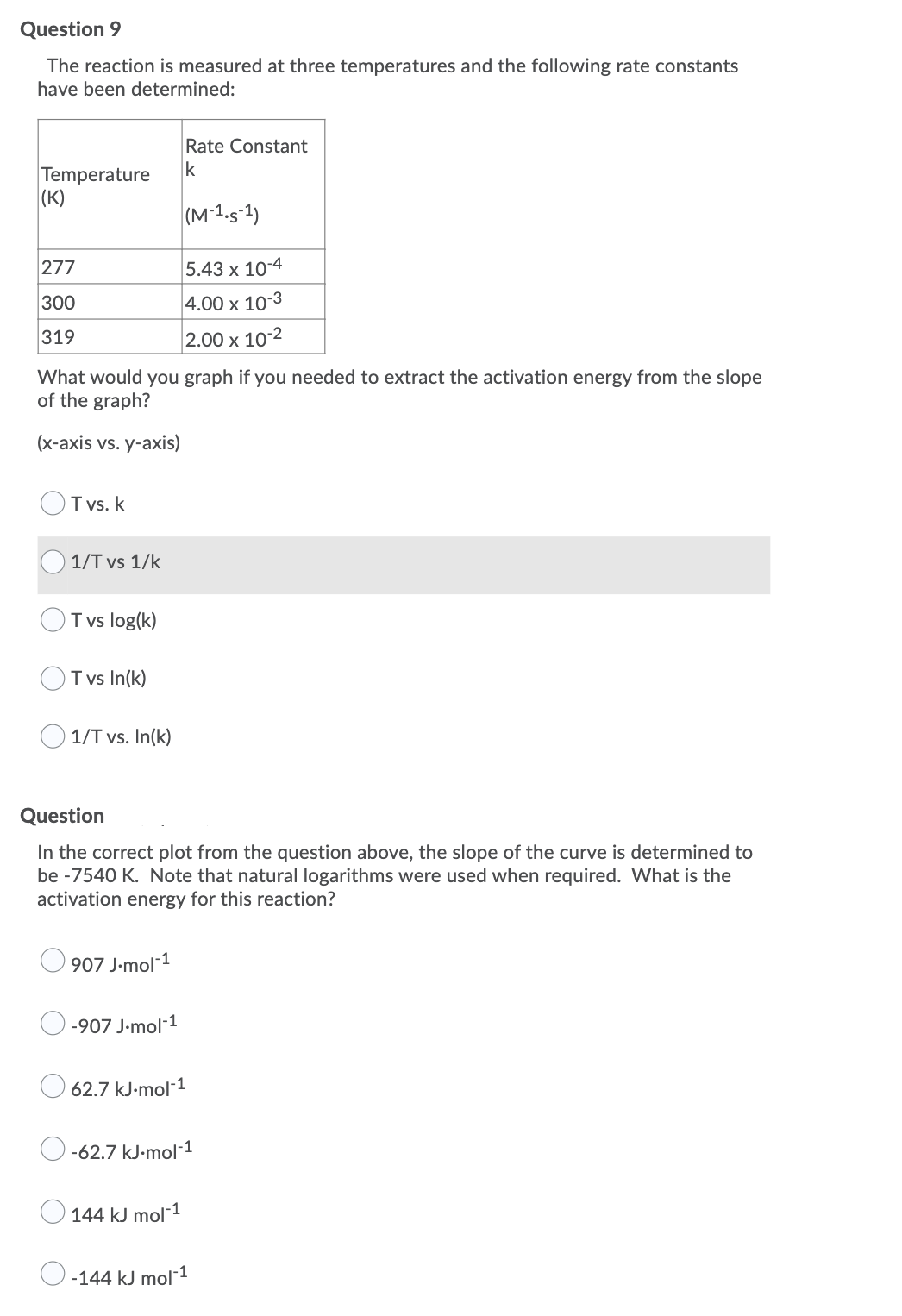 Question 9
The reaction is measured at three temperatures and the following rate constants
have been determined:
Rate Constant
Temperature
(K)
(M-1.s-1)
277
5.43 x 10-4
300
4.00 x 10-3
319
|2.00 х 10°2
What would you graph if you needed to extract the activation energy from the slope
of the graph?
(x-axis vs. y-axis)
T vs. k
1/T vs 1/k
T vs log(k)
T vs In(k)
O 1/T vs. In(k)
Question
In the correct plot from the question above, the slope of the curve is determined to
be -7540 K. Note that natural logarithms were used when required. What is the
activation energy for this reaction?
907 J-mol1
-907 J-mol-1
62.7 kJ-mol-1
-62.7 kJ-mol-1
144 kJ mol-1
-144 kJ mol-1
