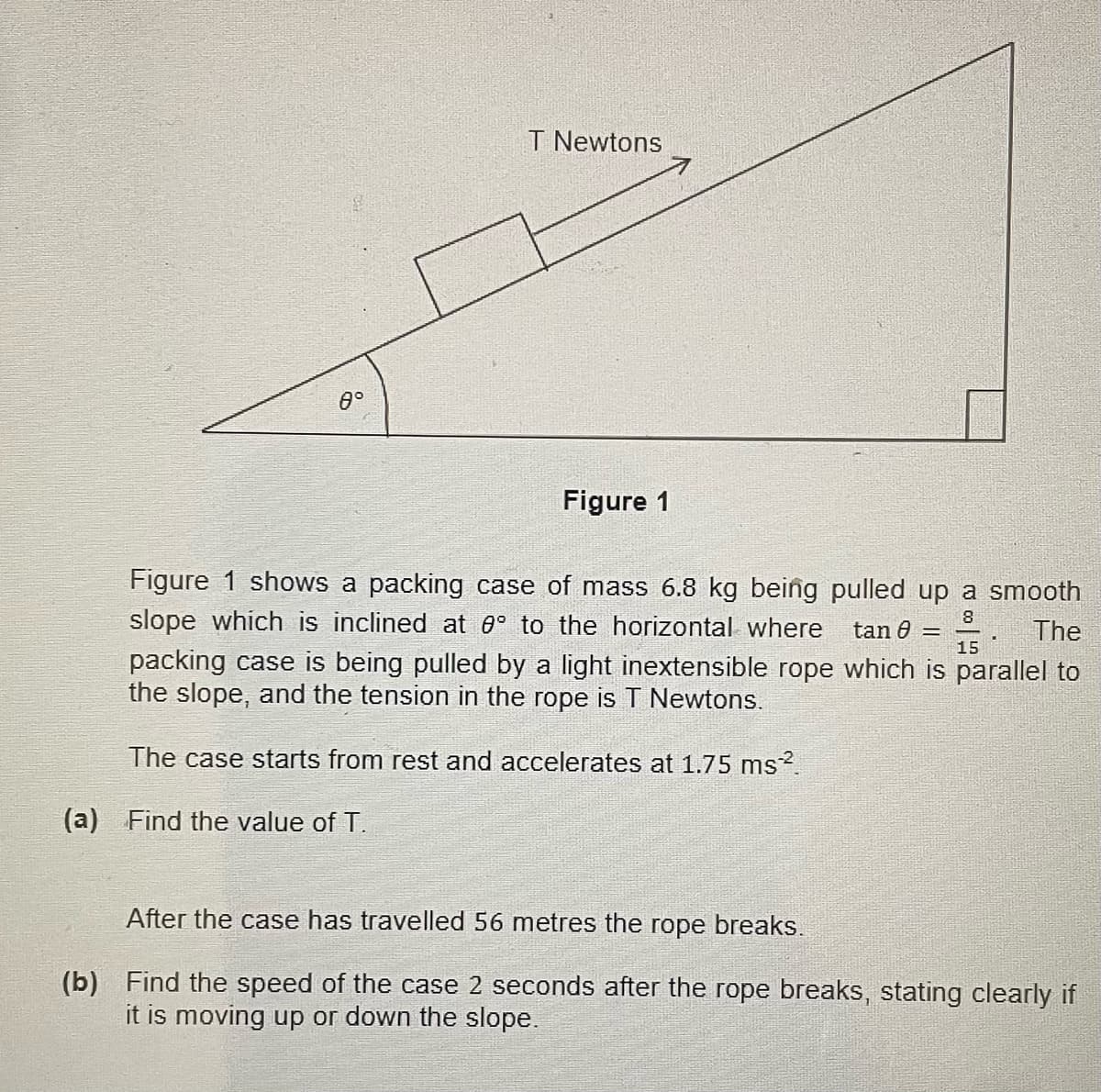 80
T Newtons
Figure 1
Figure 1 shows a packing case of mass 6.8 kg being pulled up a smooth
slope which is inclined at 80° to the horizontal where
The
tan 8 =
8
15
packing case is being pulled by a light inextensible rope which is parallel to
the slope, and the tension in the rope is T Newtons.
The case starts from rest and accelerates at 1.75 ms².
(a) Find the value of T.
After the case has travelled 56 metres the rope breaks.
(b) Find the speed of the case 2 seconds after the rope breaks, stating clearly if
it is moving up or down the slope.