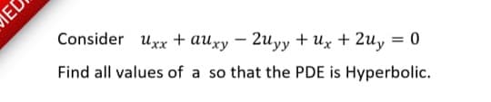 MED
Consider uxx + auxy – 2uyy + Ux + 2uy = 0
Find all values of a so that the PDE is Hyperbolic.
%3D
